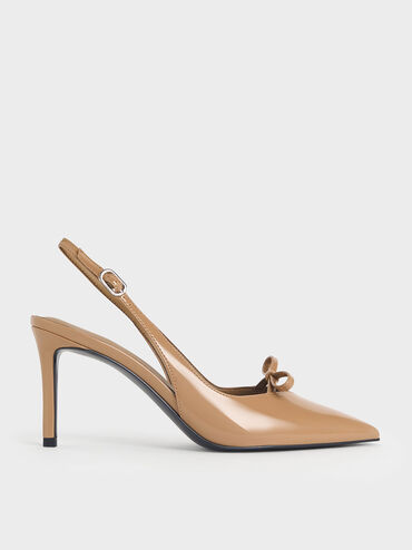 Patent Bow Slingback Pumps, Caramel, hi-res