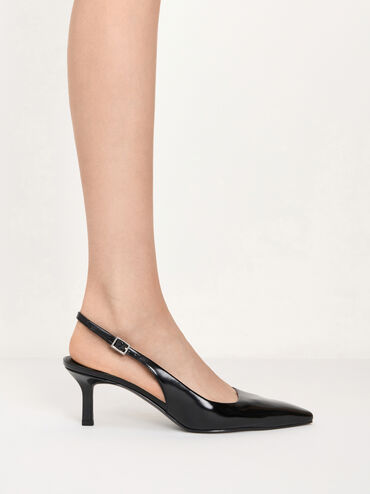 Pointed-Toe Kitten-Heel Slingback Pumps, Black Box, hi-res