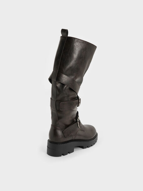 Double-Strap Knee-High Boots, Dark Brown, hi-res