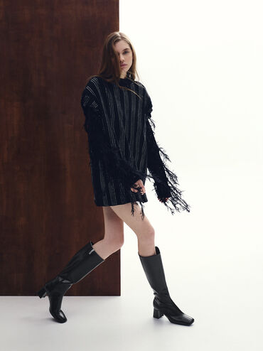 Square-Toe Side-Zip Knee-High Boots, Black, hi-res