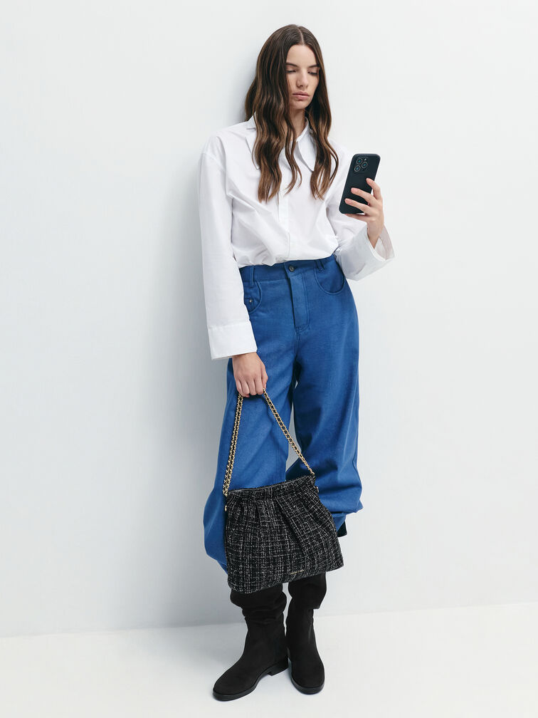 Duo Tweed Double-Chain Hobo Bag, Black Tweed, hi-res