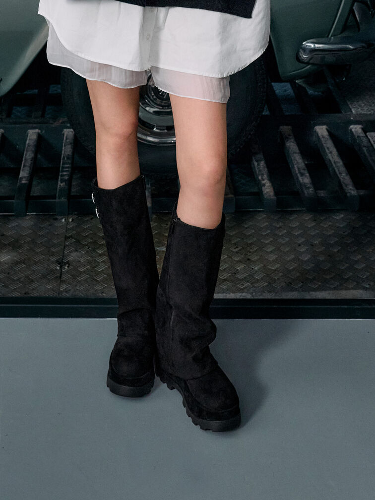 Barron Faux Suede Platform Knee-High Boots, Black Textured, hi-res