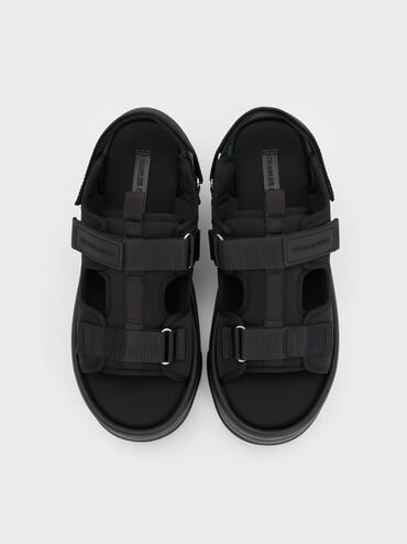 Elastane Flatform Sports Sandals, Black Textured, hi-res