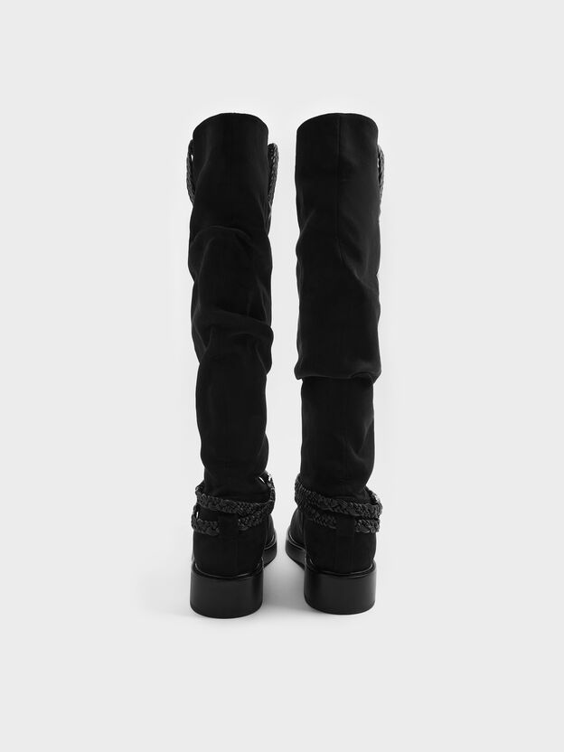 Franca Faux Suede Braided-Strap Knee-High Boots, Black Textured, hi-res