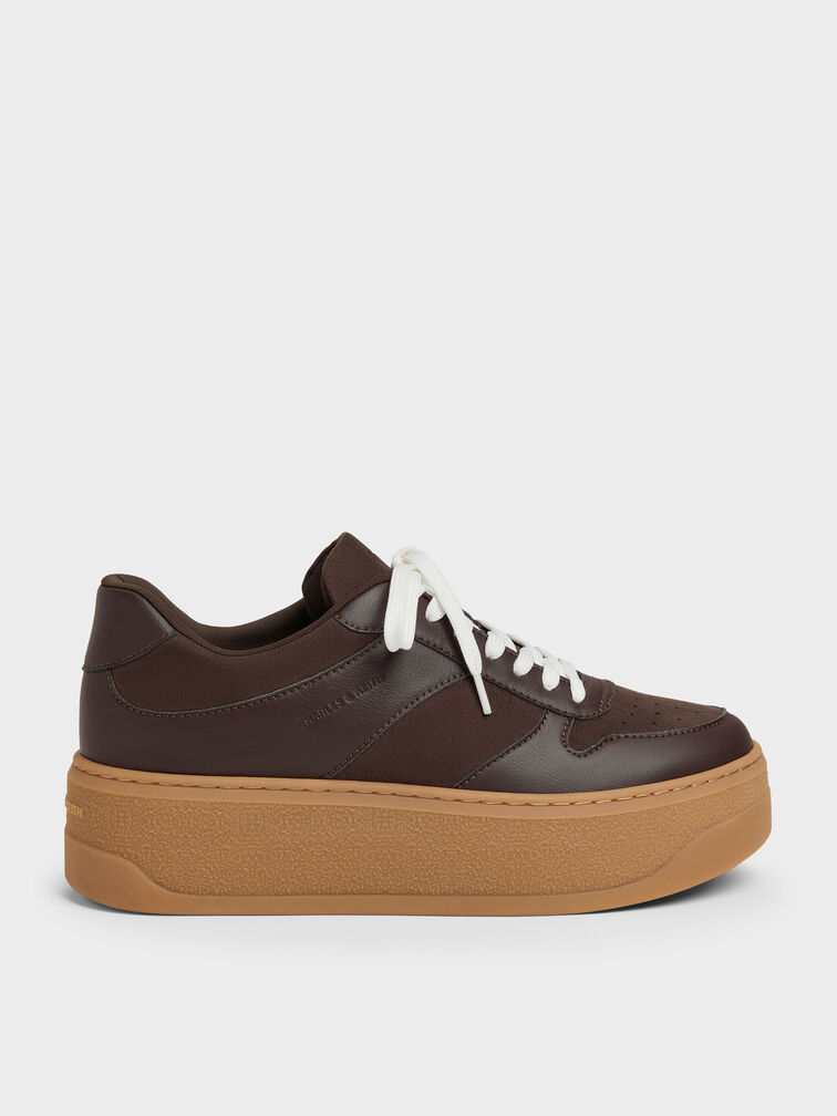 Faux Suede Platform Sneakers, Dark Brown Textured, hi-res