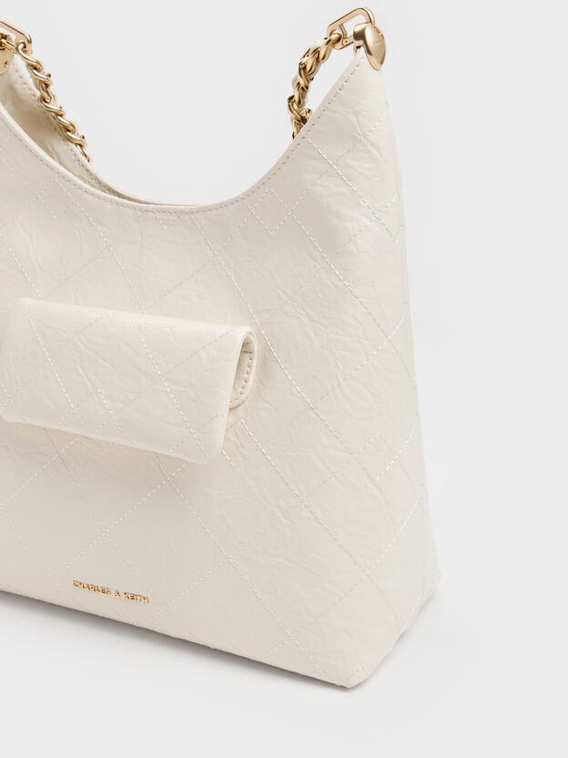 Duo Quilted Front-Pocket Chain Hobo Bag, Cream, hi-res