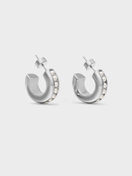 Pearl Open-Hoop Earrings, Silver, hi-res