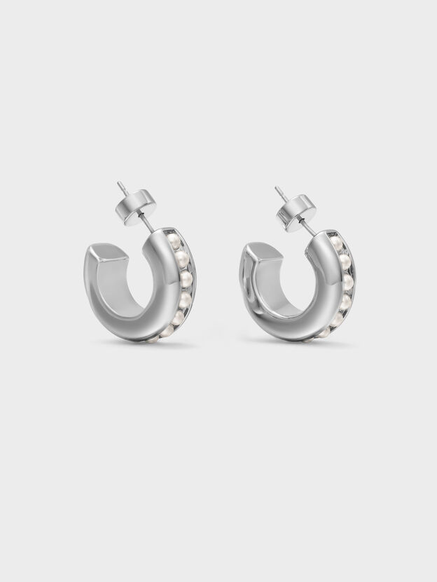 Pearl Open-Hoop Earrings, Silver, hi-res