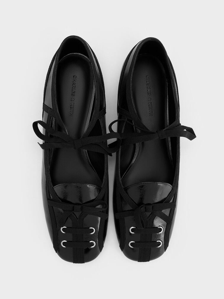 Crinkle-Effect Lace-Up Bow Ballet Flats, Black, hi-res