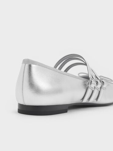 Metallic Triple-Strap Mary Janes, Silver, hi-res