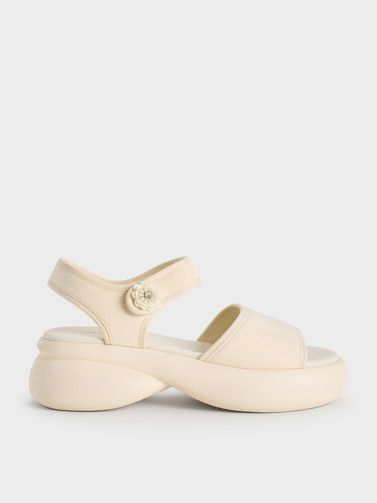 Flower-Buckle Platform Sports Sandals, Cream, hi-res
