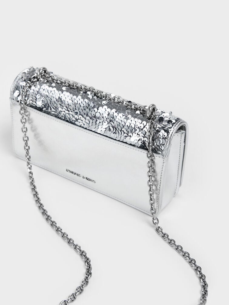 Paffuto Sequinned Wallet On Chain, Silver, hi-res