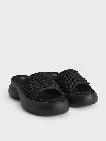 Mesh Platform Sporty Slide Sandals, Black Textured, hi-res