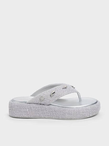 Tweed Beach Flatform Thong Sandals, Silver, hi-res