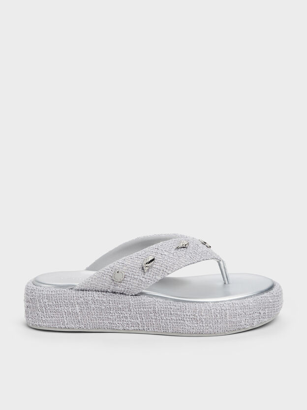 Tweed Beach Flatform Thong Sandals, Silver, hi-res