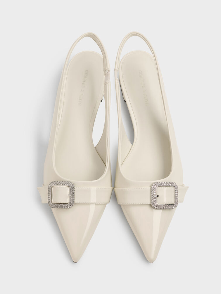 Patent Crystal-Buckle Pointed-Toe Slingback Flats, Chalk, hi-res