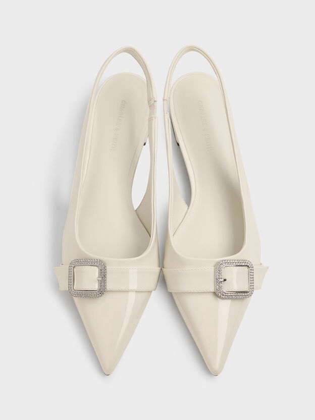 Patent Crystal-Buckle Slingback Flats, Chalk, hi-res