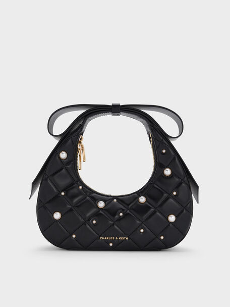 Janie Quilted Pearl Bow-Handle Bag, Black, hi-res