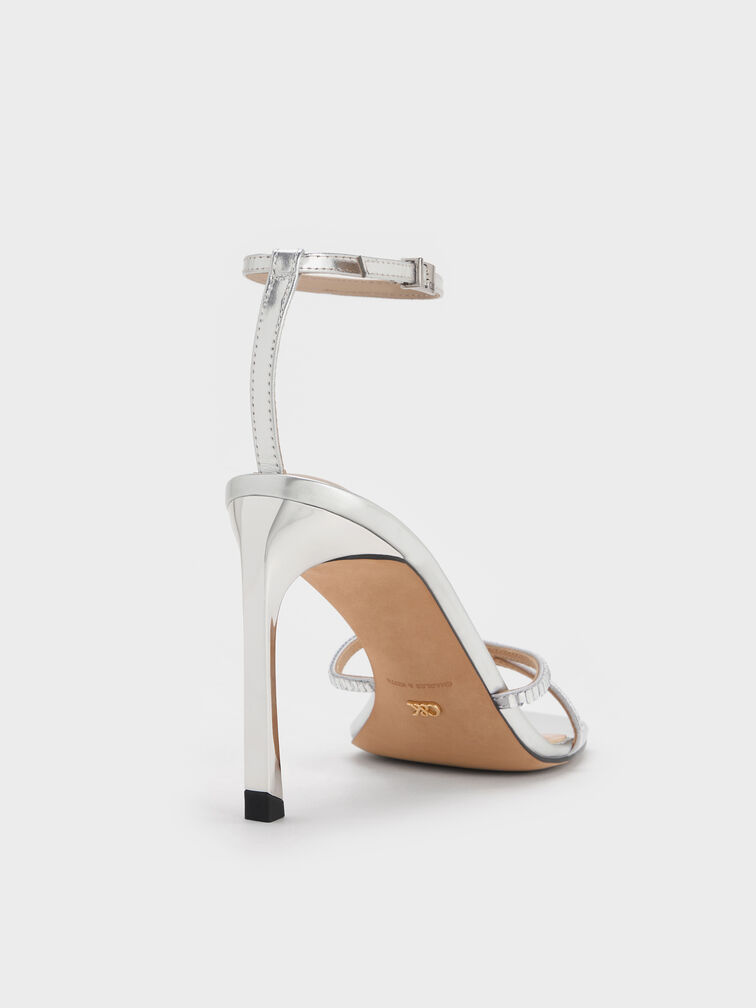Metallic Leather & Satin Crystal-Embellished Ankle-Strap Sandals, Silver, hi-res