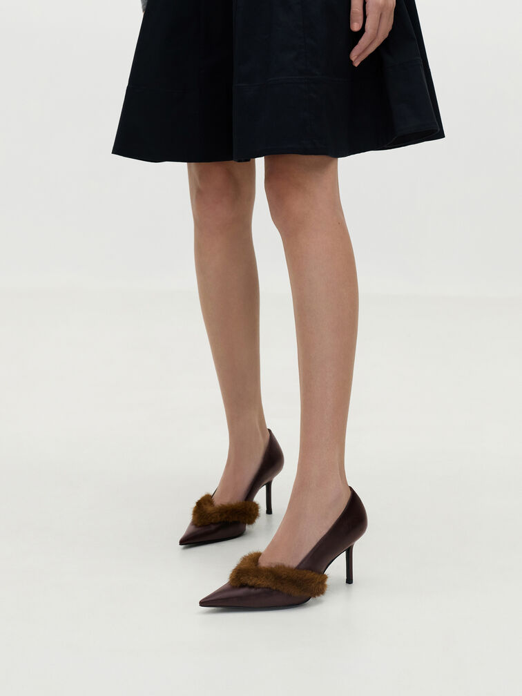 Emila Fur-Trim Pointed Pumps, Dark Brown, hi-res