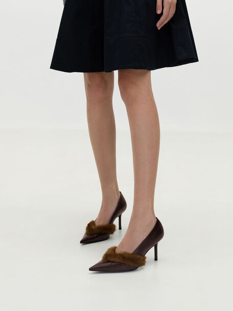 Emila Fur-Trim Pointed Pumps, Dark Brown, hi-res
