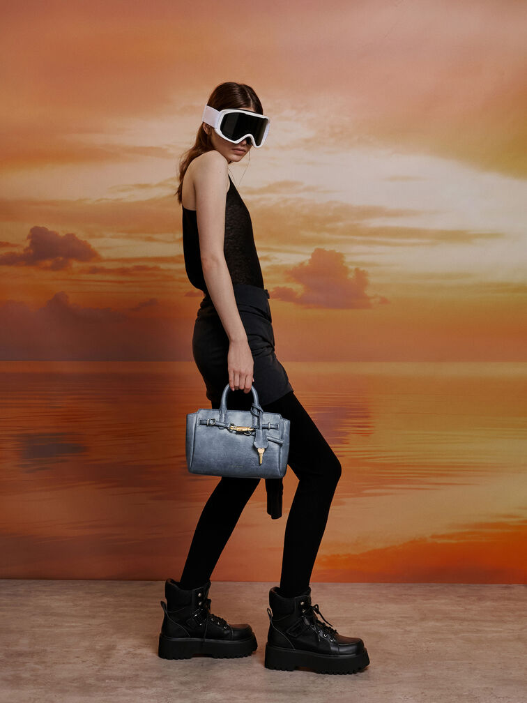 Mini Delfina Belted Tote Bag, Distressed Midnight Blue, hi-res