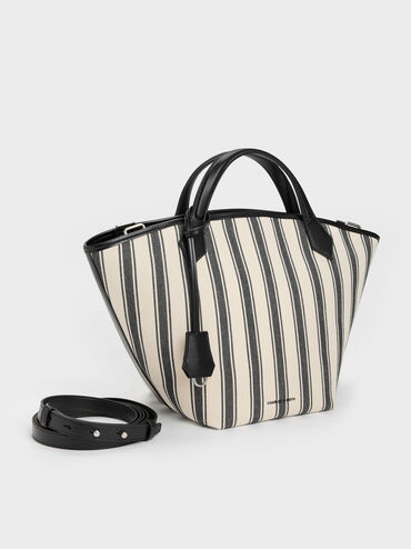 Large Ivanna Canvas Striped Tote Bag, Noir, hi-res