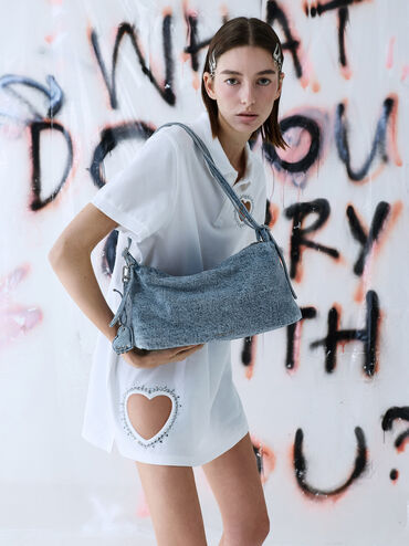 Rey Denim Slouchy Shoulder Bag, Denim Blue, hi-res