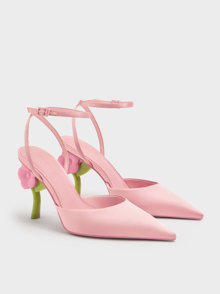 Pointed Flower-Heel Ankle-Strap Pumps, Pink, hi-res
