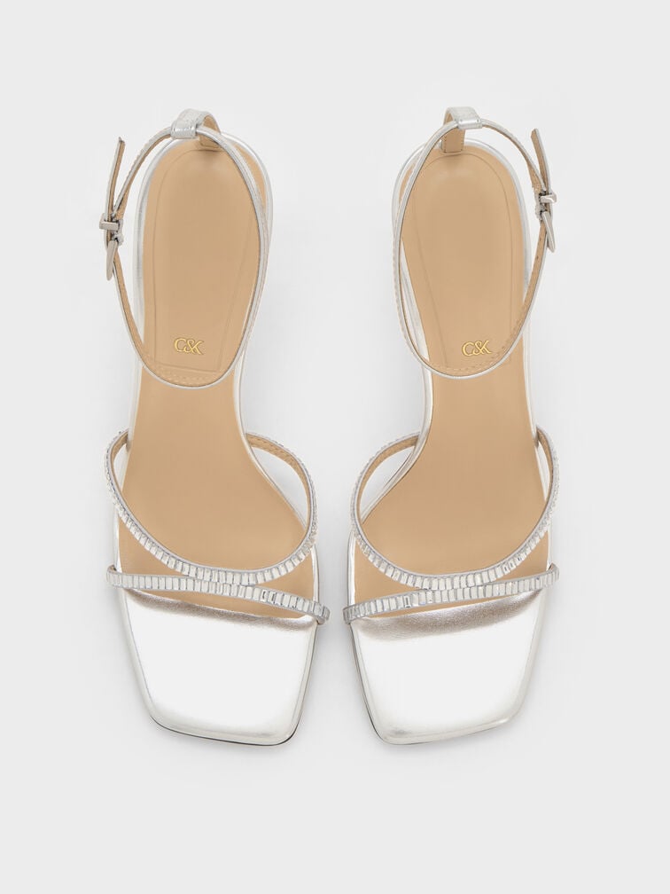 Jaylene Metallic Leather Gem Stiletto Sandals, Silver, hi-res