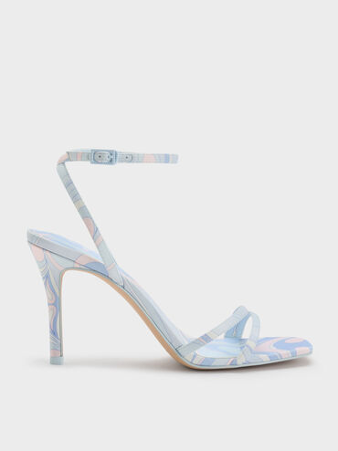 Swirl-Print Ankle-Strap Heels, Light Blue, hi-res
