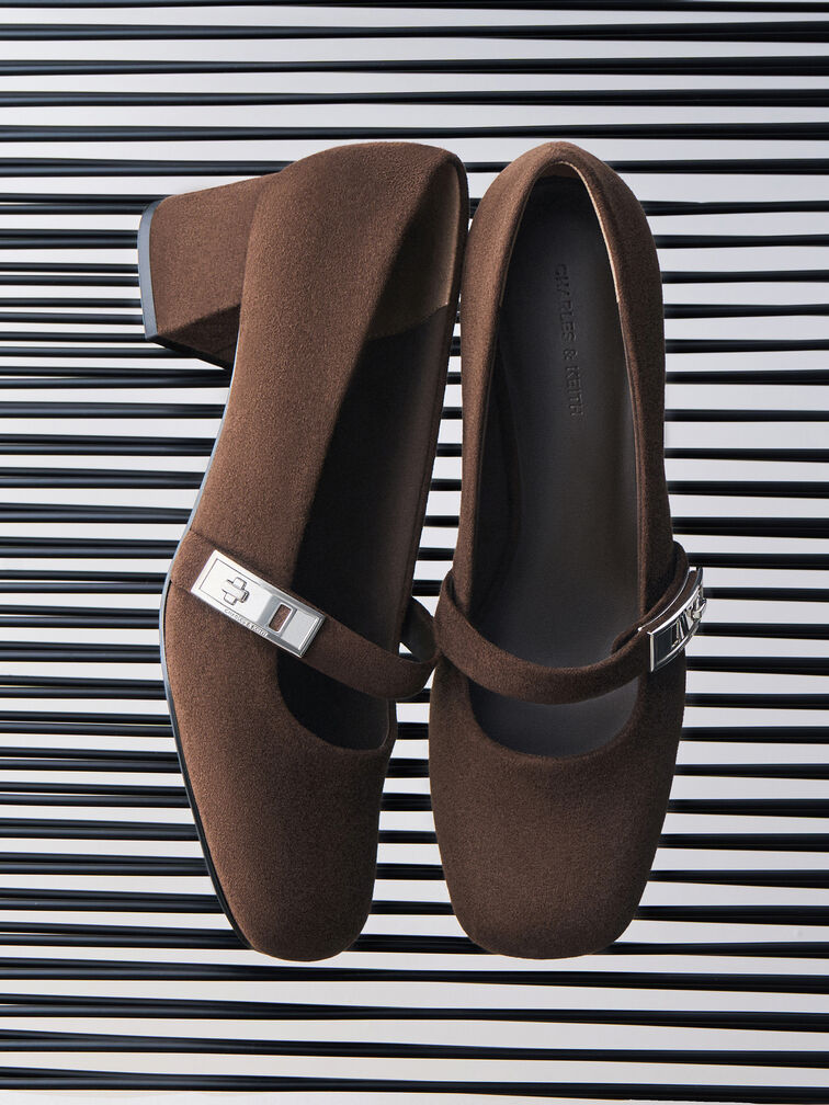Lando Faux Suede Mary Jane Pumps, Dark Brown Textured, hi-res