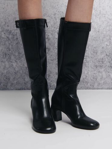 Block-Heel Knee-High Biker Boots, Black, hi-res