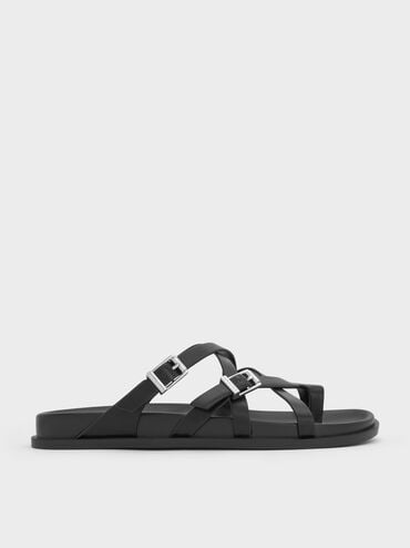 Crossover Toe-Ring Sandals, Black, hi-res