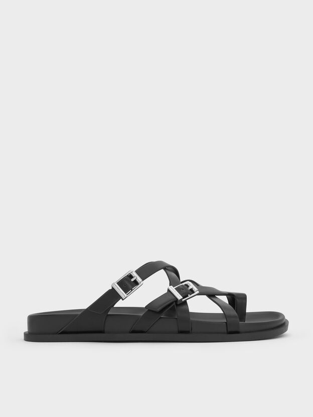 Crossover Toe-Ring Sandals, Black, hi-res