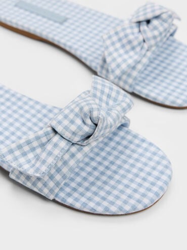 Anika Gingham Knot-Bow Slides, Light Blue, hi-res