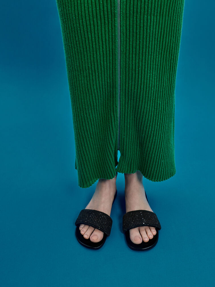 Faux Suede Crystal-Embellished Slide Sandals, Black Textured, hi-res