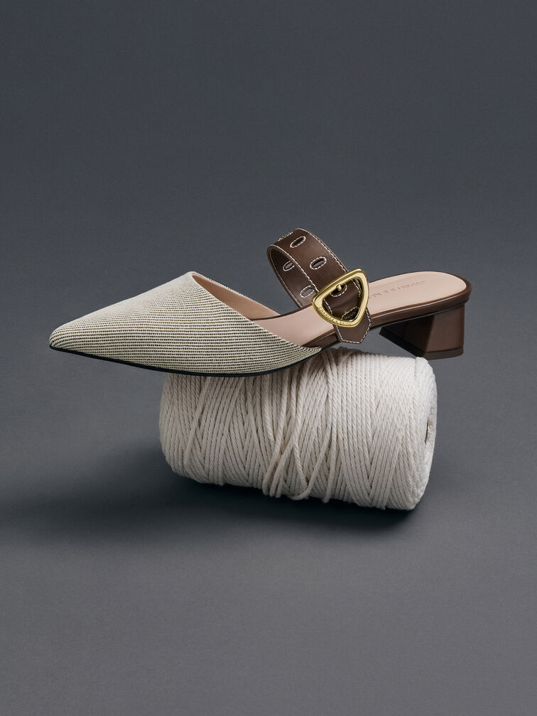 Sepphe Twill Cut-Out Heeled Mules, Brown, hi-res