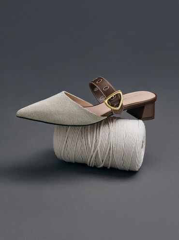 Sepphe Twill Cut-Out Heeled Mules, Brown, hi-res