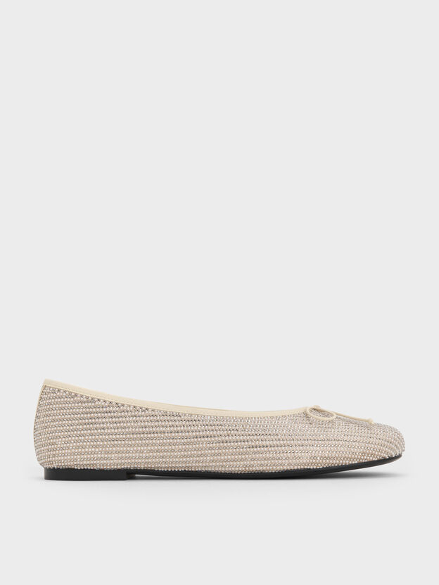 Satin Crystal-Pearl Bow Ballet Flats, Gold, hi-res