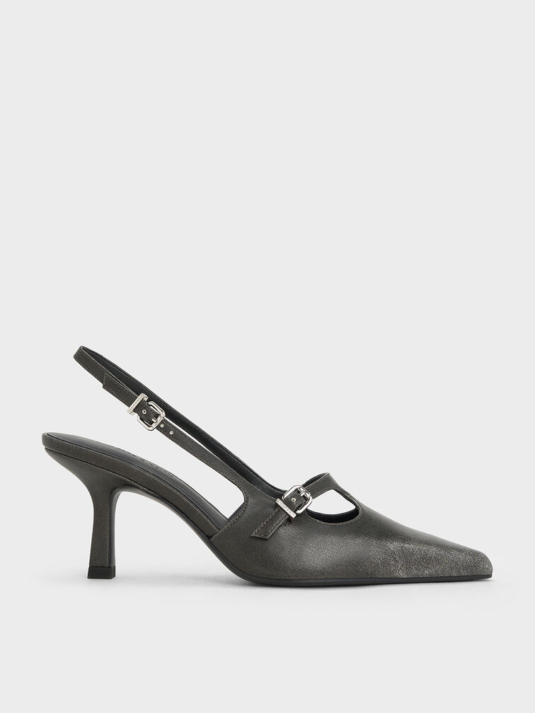T-Bar Pointed-Toe Slingback Pumps, Black, hi-res