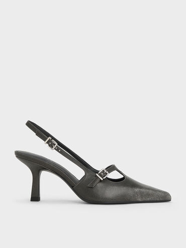 T-Bar Pointed-Toe Slingback Pumps, Black, hi-res