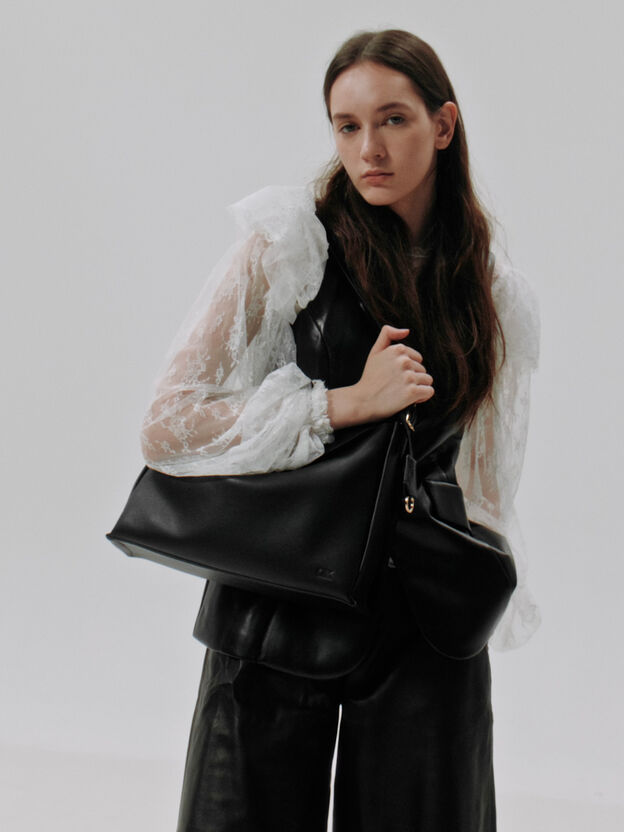 Leather Top-Flap Hobo Bag, Black, hi-res