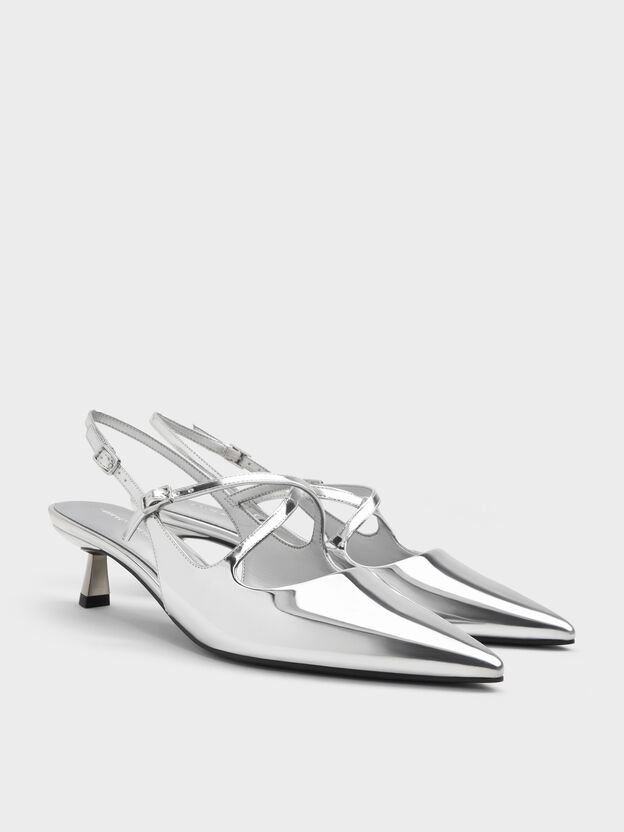 Pauline Metallic Crossover Kitten Heels, Silver, hi-res