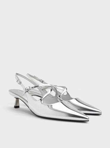 Pauline Metallic Crossover Slingback Kitten Heels, Silver, hi-res