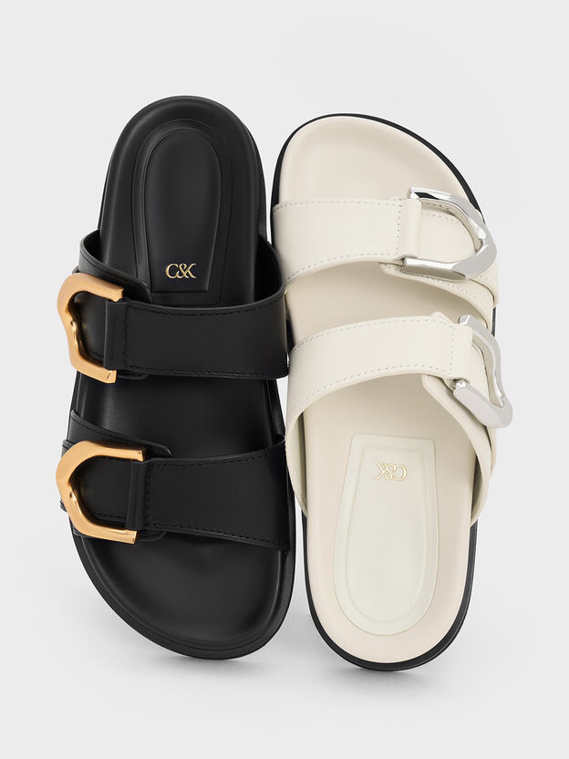 Gabine Silver-Buckle Leather Slides, Chalk, hi-res