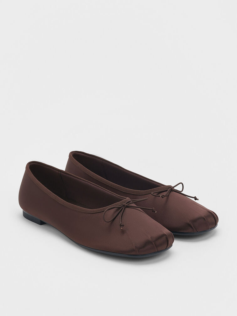 Satin Bow Ballet Flats, Dark Brown, hi-res
