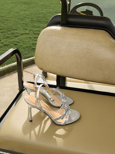 Jessy Metallic Leather Bow Ankle-Strap Stiletto-Heel Sandals, Silver, hi-res