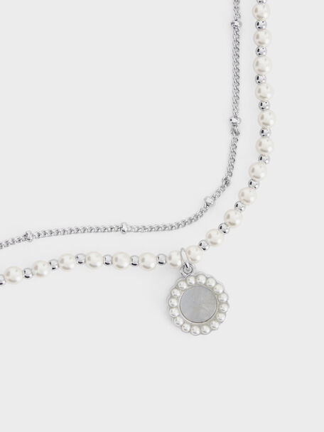 Pearl & Gemstone Double-Chain Necklace, Light Blue, hi-res