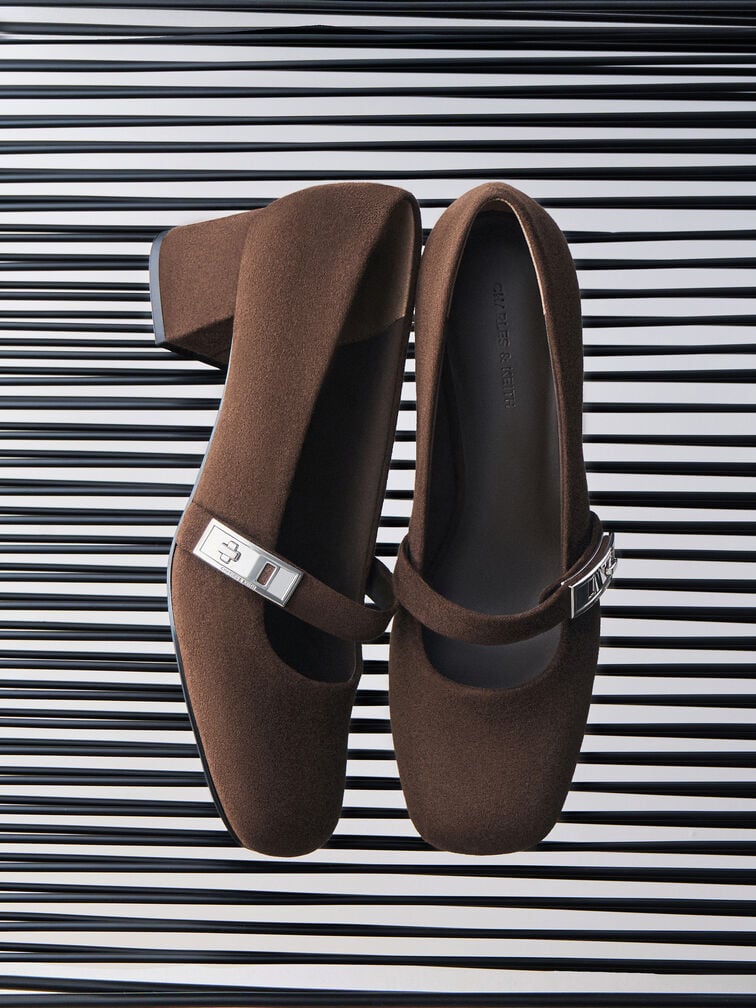 Lando Faux Suede Mary Jane Pumps, Dark Brown Textured, hi-res